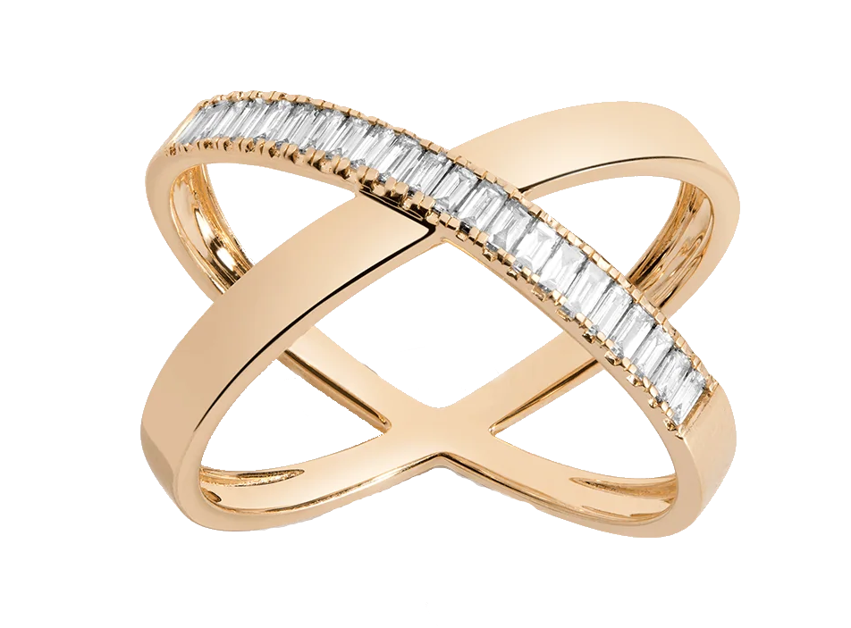 Adara's™ Bold Half Diamond Baguette X Ring, 0.32 Carat Diamonds, 14K Yellow Gold