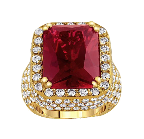 Adara's™ Crimson Sovereign Blaze, Ruby Center, 2.2 Carats VVS Diamonds, 18K Yellow Gold